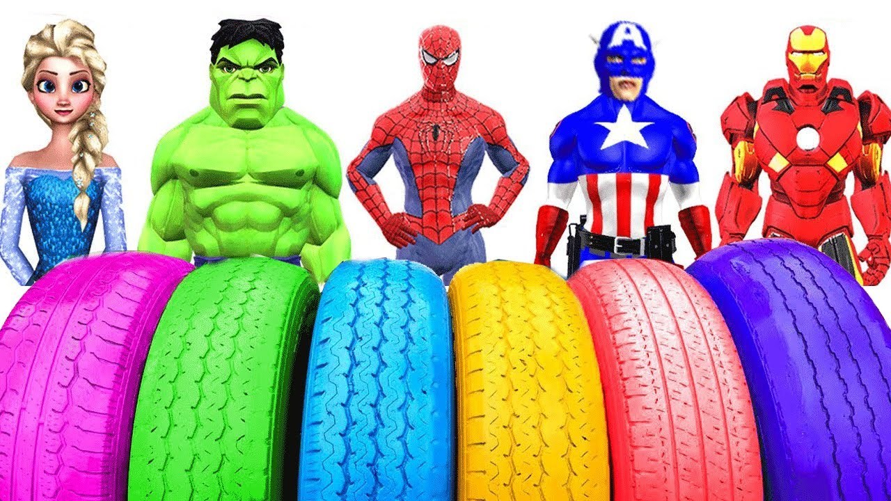 Learn Colors With Colored Tires | Learning Colors Tires Fun Superheroes Cartoons Finger Family Song